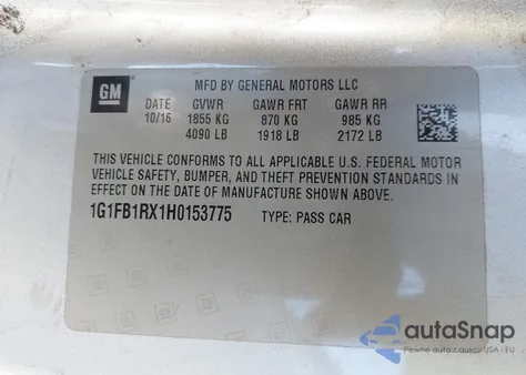 2017 Chevrolet Camaro 1Lt z USA, uszkodzony, nr VIN 1G1FB1RX1H0153775